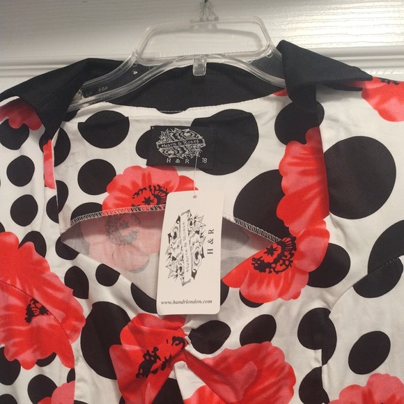 H&R London red floral black polka dot collar sweetheart neckline pinup dress - Picture 3 of 10
